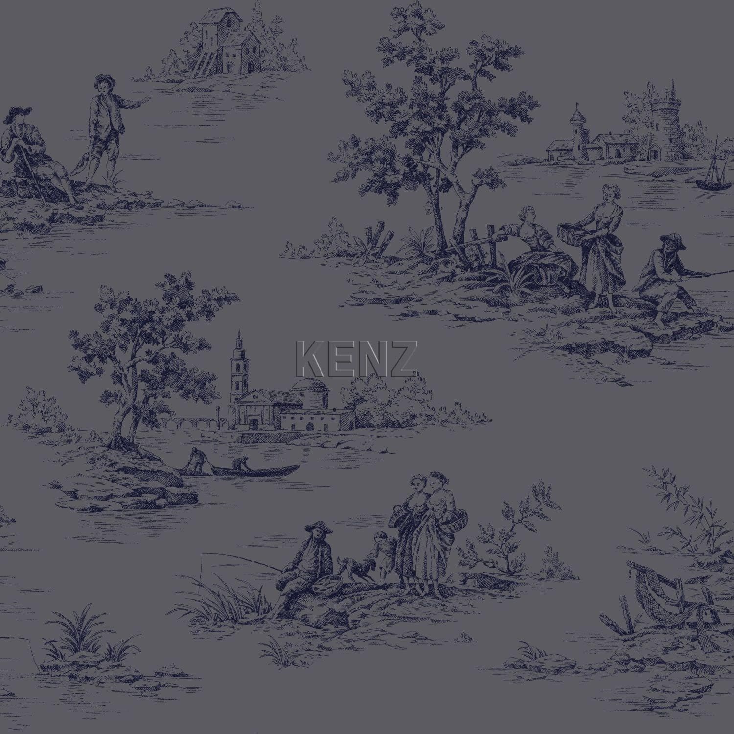wallpaper toile de jouy print gray and blue 326318