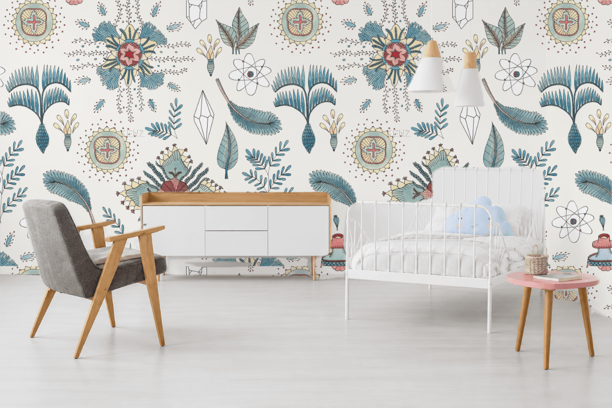 The same room with a KENZ Coordonné Micro Cosmos botanical wallcovering applied